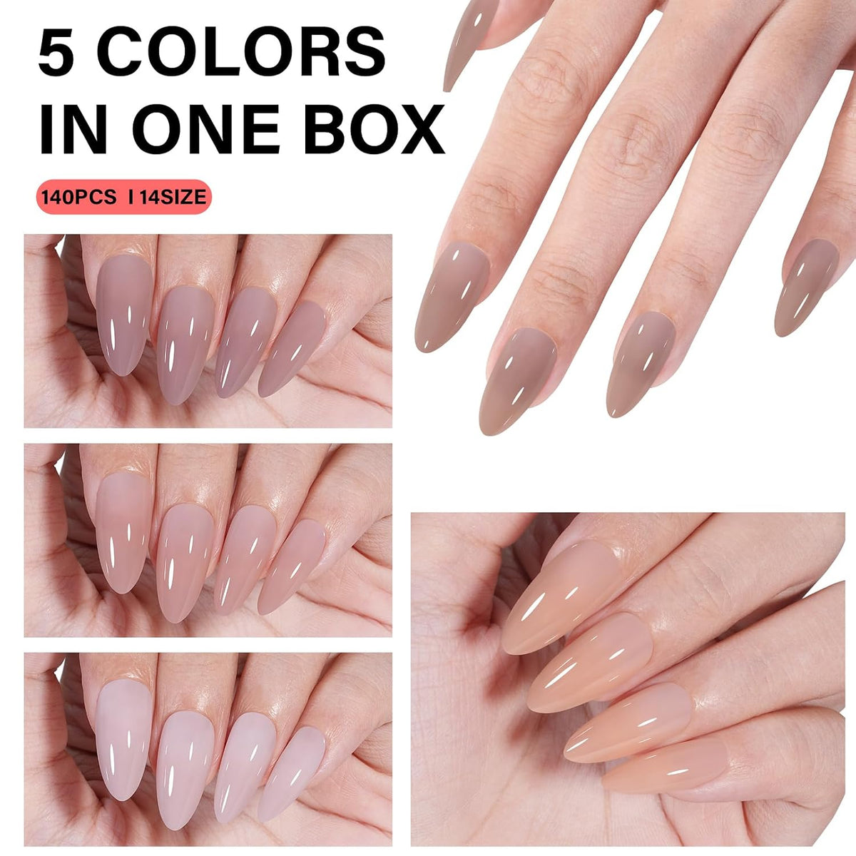 AILLSA Press on Nails Medium Almond Nude Pink Nail Tips 5 Colors 140 PCS