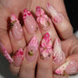 Spring Press On Nails French Fake Nails Medium Almond False Nails With Flower Pearl Designs Acrylic Nail Press Ons Full Cover Glue On Nails Glossy Stick On Nails For Women Manicure 24Pcs