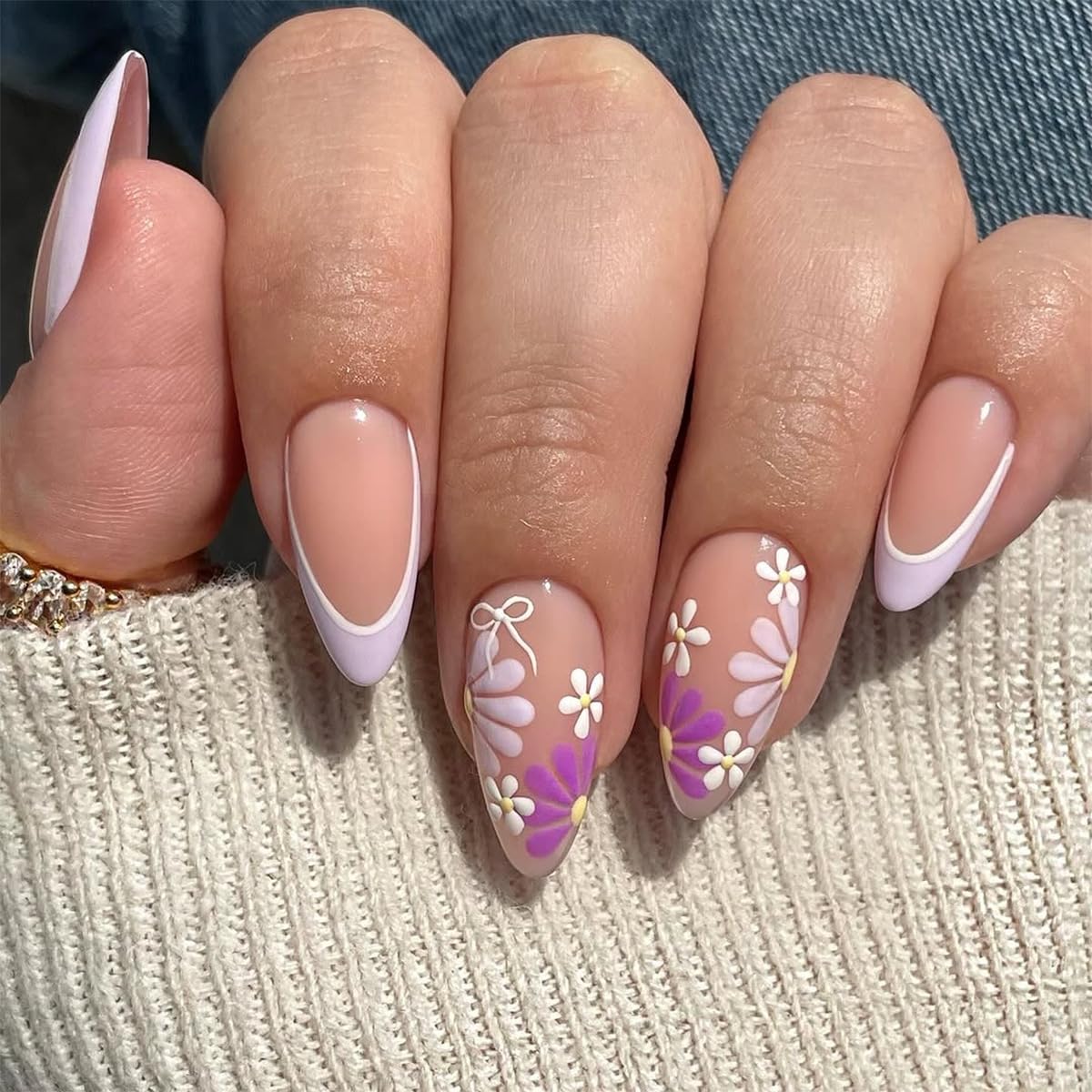 Spring Fake Acrylic Press On Nails – Starry Sky Designer False Nails Medium Almond, Salon Quality, Glossy Reusable Stick-On Nails for Weddings, Outdoor Picnics & Parties | Gift for Women