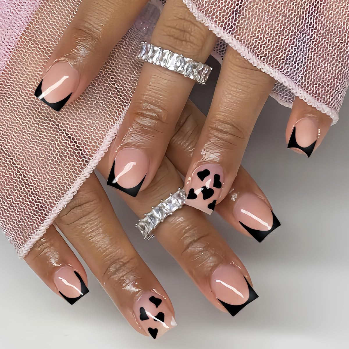 CTTHNBD Press on Nails Square, Medium, Black French Tip Fake Nails