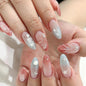 French Tip Press on Nails Almond Medium Fake Nails with Cat Eye Stars Designs Nails Press ons Gold Nude Glue on Nails Natural Artificial Nails Cute Stick on Nails for Women 24Pcs