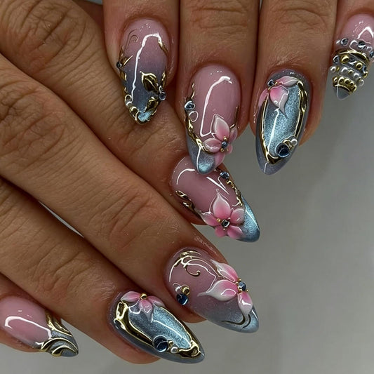 Press on Nails Medium Almond Blue Cat Eye Floral Gold Frame Rhinestone Fake Nail 30pcs