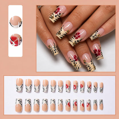 Long Square Press on Nails - Leopard Print French Tip Fake Nails Press ons with 3D Gold Pearl and Red Flower Designs, Glossy Reusable Autumn Winter Stick on False Nails for Women 24PCS