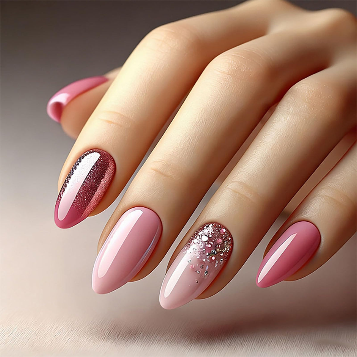 French Tip Press on Nails Almond Medium Fake Nails with Cat Eye Stars Designs Nails Press ons Gold Nude Glue on Nails Natural Artificial Nails Cute Stick on Nails for Women 24Pcs