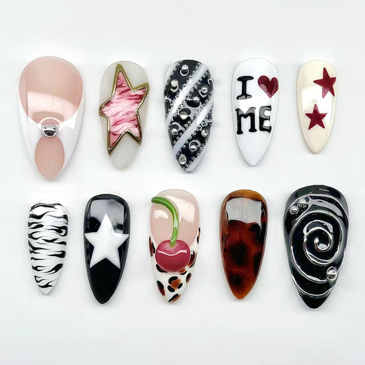 30Pcs French Tip Press on Nails Medium Almond Fake Nails, French Stripe Lines, Cherry, Lrregular star, Leopard,Heart Fake Nail Press on Full Cover Glossy Acrylic Nails Handmade Nails Decor for Women