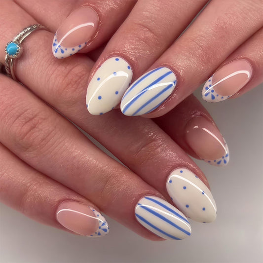 Short Almond Press on Nails - Blue White Stripe French Tip Fake Nails Press ons with Polka dots Designs, Glossy Reusable Stick on False Nails with Glue Tabs for Women 24PCS