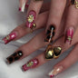 Long Square Press on Nails - Leopard Print French Tip Fake Nails Press ons with 3D Gold Pearl and Red Flower Designs, Glossy Reusable Autumn Winter Stick on False Nails for Women 24PCS