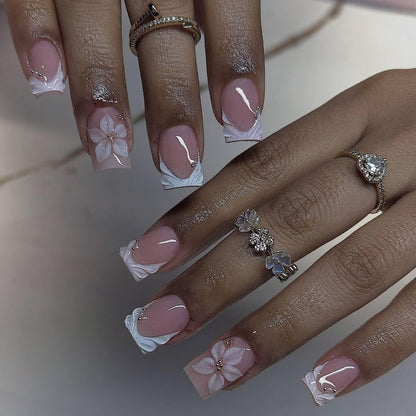 Long Square Press on Nails - Leopard Print French Tip Fake Nails Press ons with 3D Gold Pearl and Red Flower Designs, Glossy Reusable Autumn Winter Stick on False Nails for Women 24PCS
