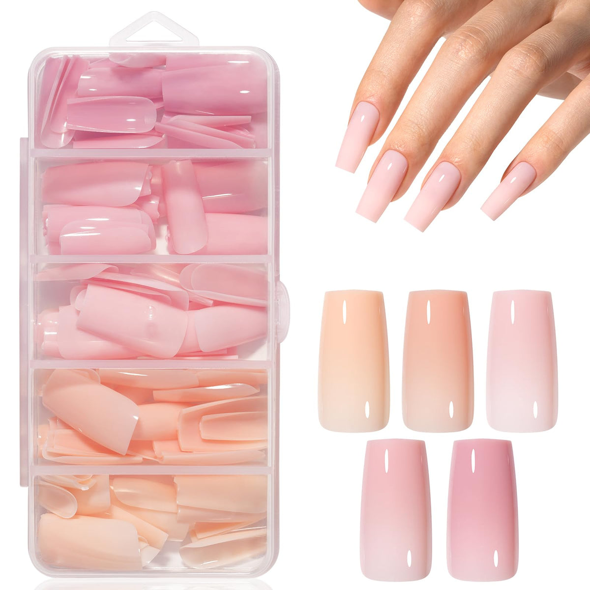 AILLSA Press on Nails Medium Almond Nude Pink Nail Tips 5 Colors 140 PCS