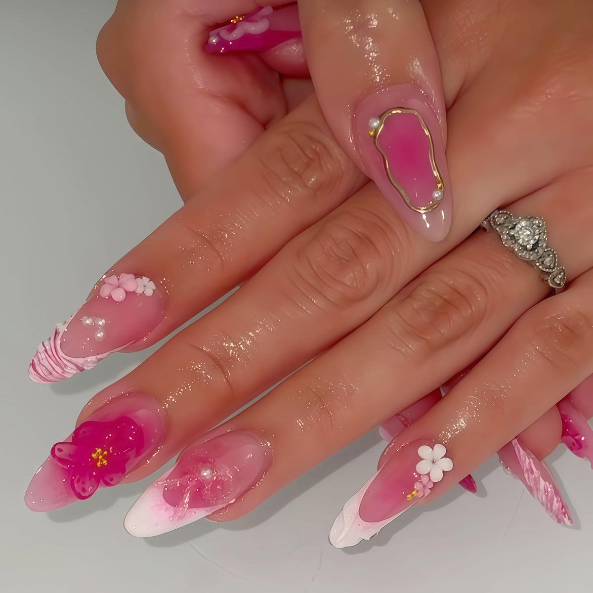 Long Press on Nails Almond Fake Nails Purple French Artificial Nail with 3D Flowers Designs Glitter Summer and Fall Cute Stick on Nail for Women 24pcs