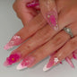 Long Press on Nails Almond Fake Nails Purple French Artificial Nail with 3D Flowers Designs Glitter Summer and Fall Cute Stick on Nail for Women 24pcs