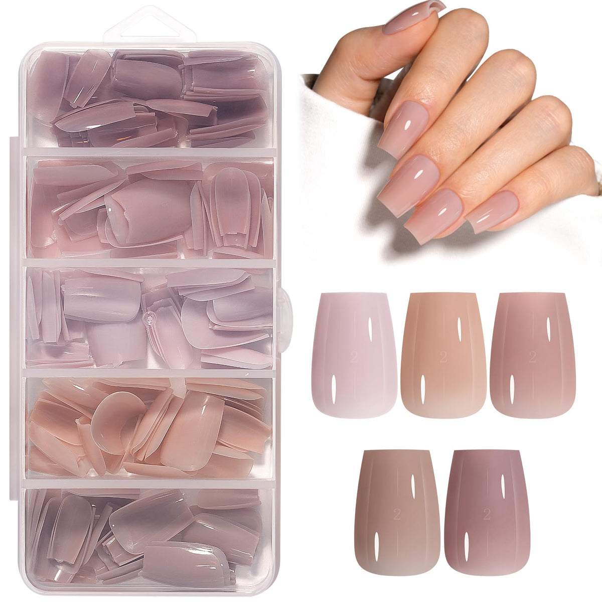 AILLSA Press on Nails Medium Almond Nude Pink Nail Tips 5 Colors 140 PCS