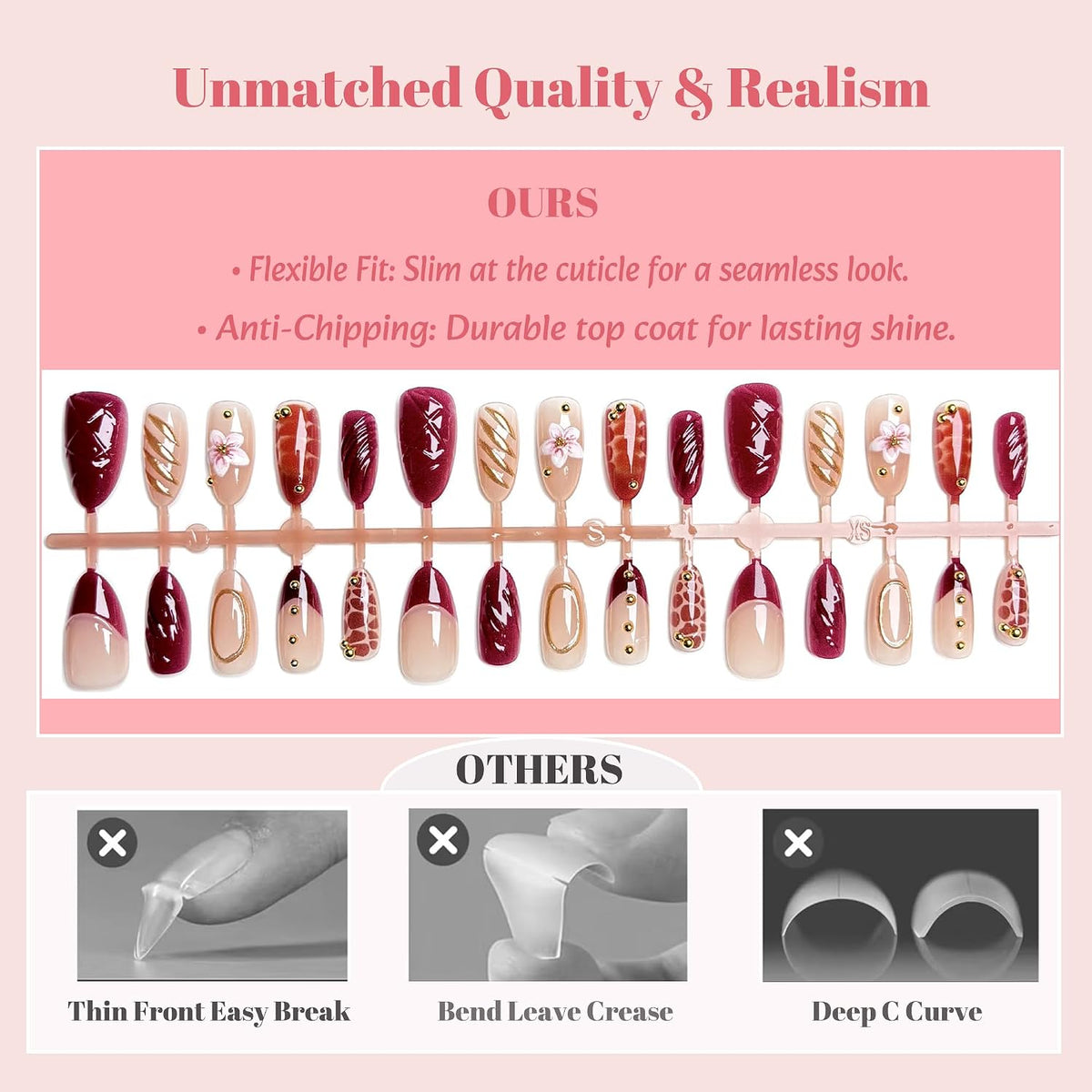 Fall Press on Nails Medium Almond French Tip, 30 Pcs Handmade 3D Flowers Gold Lines Embossed Designs, Glossy Nude Fake Nails, Reusable Glue On Nails, Full Cover Acrylic Nails for Women Brown