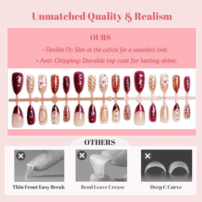 Fall Press on Nails Medium Almond French Tip, 30 Pcs Handmade 3D Flowers Gold Lines Embossed Designs, Glossy Nude Fake Nails, Reusable Glue On Nails, Full Cover Acrylic Nails for Women Brown