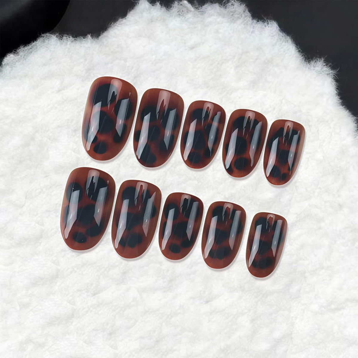 Dark Brown Tortoise Shell Press On Nails, Short Oval Fake Nails 24Pcs