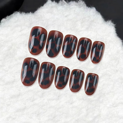 Dark Brown Tortoise Shell Press On Nails, Short Oval Fake Nails 24Pcs