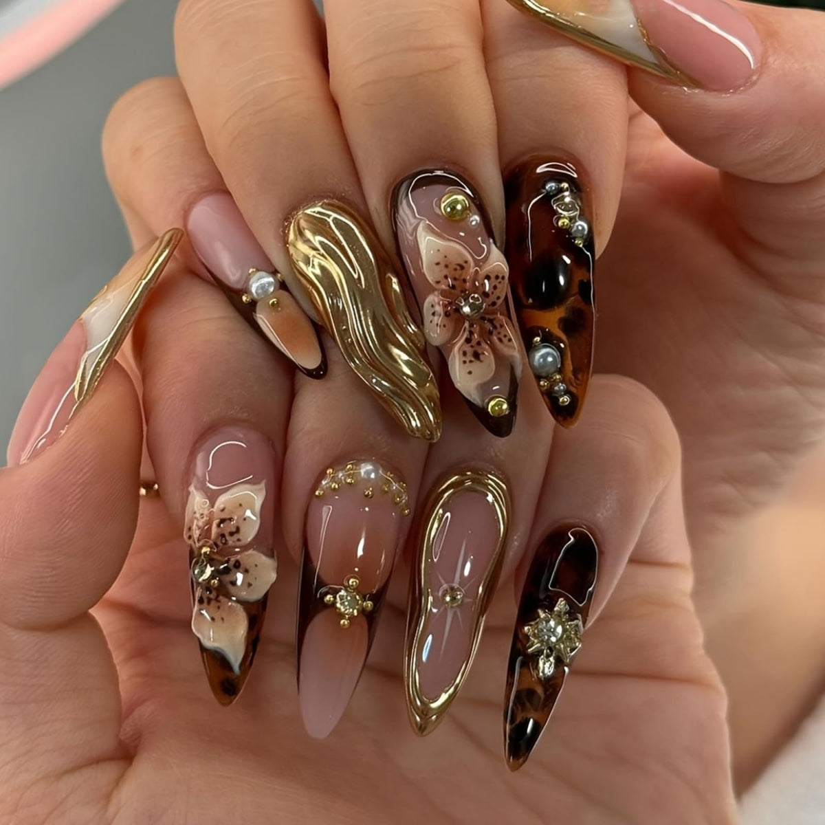 Long Press on Nails Almond Fake Nails Purple French Artificial Nail with 3D Flowers Designs Glitter Summer and Fall Cute Stick on Nail for Women 24pcs