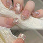 Purple Press On Nails Short Square Black Flowers Line Design Rhinestones