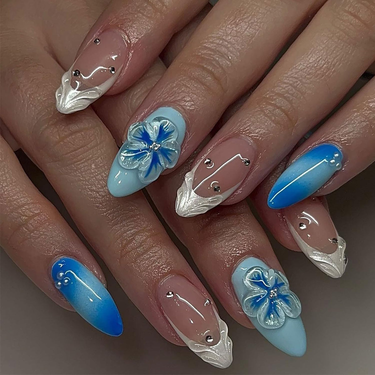 Spring Press On Nails French Fake Nails Medium Almond False Nails With Flower Pearl Designs Acrylic Nail Press Ons Full Cover Glue On Nails Glossy Stick On Nails For Women Manicure 24Pcs
