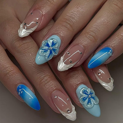Spring Press On Nails French Fake Nails Medium Almond False Nails With Flower Pearl Designs Acrylic Nail Press Ons Full Cover Glue On Nails Glossy Stick On Nails For Women Manicure 24Pcs