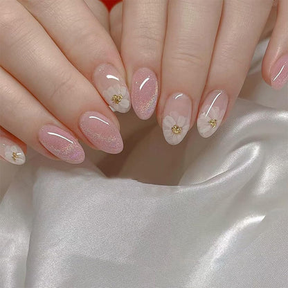 24Pcs Nail Press ons, Medium Press On Nails Almond Nude Pink Fake Nails with Cat's Eye Glossy High-end Design, Acrylic Artificial False Stick On Nails for Women Girls
