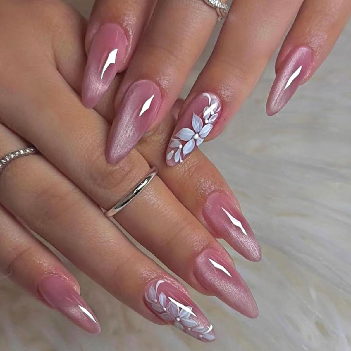 French Tip Press on Nails Almond Medium Fake Nails with Cat Eye Stars Designs Nails Press ons Gold Nude Glue on Nails Natural Artificial Nails Cute Stick on Nails for Women 24Pcs
