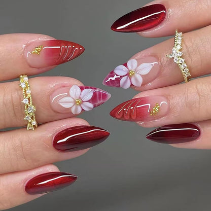 Spring Press On Nails French Fake Nails Medium Almond False Nails With Flower Pearl Designs Acrylic Nail Press Ons Full Cover Glue On Nails Glossy Stick On Nails For Women Manicure 24Pcs