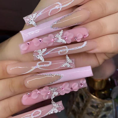 24pcs Short Square Press on Nails French Tip Fake Nails White Flower with Star Design Glitter False Nails Luxury Nail Charms Crafts White Stripes Glue on Nails for Women Manicure Tips