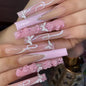 24pcs Short Square Press on Nails French Tip Fake Nails White Flower with Star Design Glitter False Nails Luxury Nail Charms Crafts White Stripes Glue on Nails for Women Manicure Tips