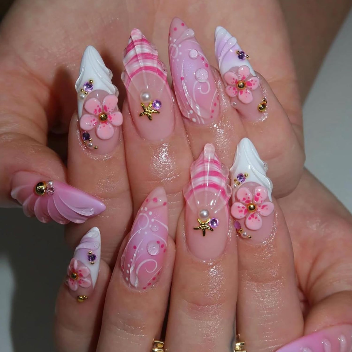 Spring Press On Nails French Fake Nails Medium Almond False Nails With Flower Pearl Designs Acrylic Nail Press Ons Full Cover Glue On Nails Glossy Stick On Nails For Women Manicure 24Pcs