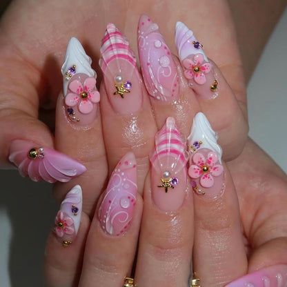 Spring Press On Nails French Fake Nails Medium Almond False Nails With Flower Pearl Designs Acrylic Nail Press Ons Full Cover Glue On Nails Glossy Stick On Nails For Women Manicure 24Pcs