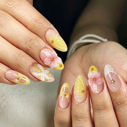 French Tip Press on Nails Almond Medium Fake Nails with Cat Eye Stars Designs Nails Press ons Gold Nude Glue on Nails Natural Artificial Nails Cute Stick on Nails for Women 24Pcs