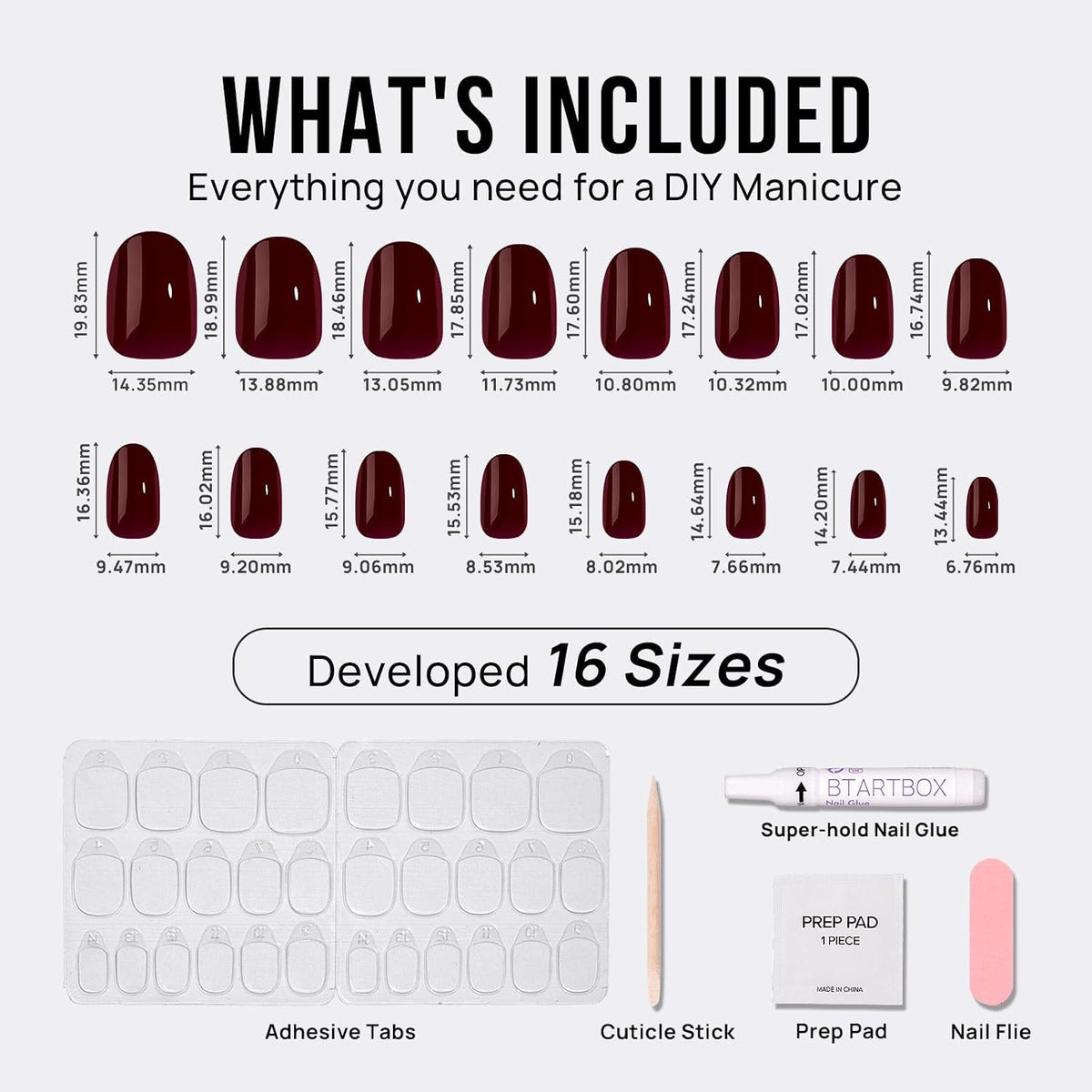 BTArtbox Press On Nails, Short Oval Dark Red Fake Nails, 32Pcs Full Kit