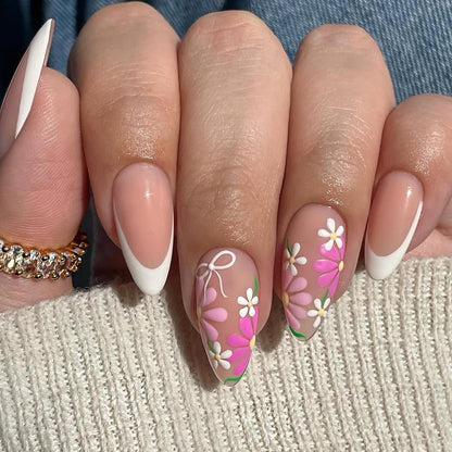 Spring Fake Acrylic Press On Nails – Starry Sky Designer False Nails Medium Almond, Salon Quality, Glossy Reusable Stick-On Nails for Weddings, Outdoor Picnics & Parties | Gift for Women