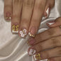 30Pcs Pink Press on Nails Medium Almond Fake Nails with 3D Flowers Pearl Designs Gold Flower False Nails Pink Gradient Acrylic Nail Tips Peach Blossoms Full Cover Stick on Nails for Women