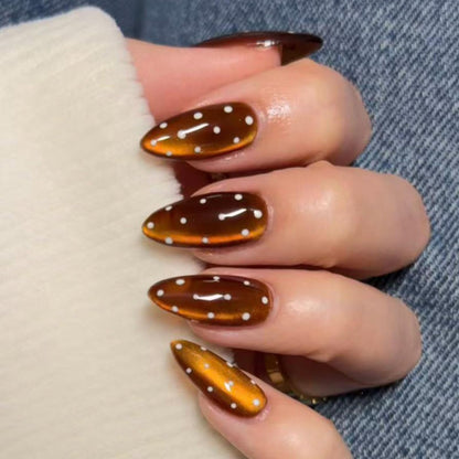 French Tip Press on Nails Almond Medium Fake Nails with Cat Eye Stars Designs Nails Press ons Gold Nude Glue on Nails Natural Artificial Nails Cute Stick on Nails for Women 24Pcs