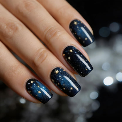 Purple Press On Nails Short Square Black Flowers Line Design Rhinestones