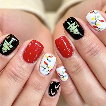 Purple Press On Nails Short Square Black Flowers Line Design Rhinestones