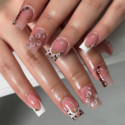 Press on Nails French Tip Fake Nails with Leopard Print 3D Flower Designs Gold Bead Star Medium Square Full Cover Stick on False Nail for Women 24 Pcs