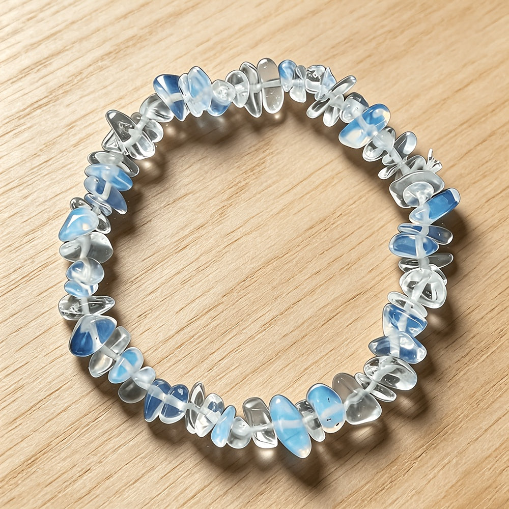 1pc Men' & Women' White Pebble Bracelet with Elastic Cord & Transparent Stones - Suitable for Beach Vacation, Casual Attire, Gift for Valentine' Day, Mother' Day, Graduation - Year-Round Minimalist Bangle