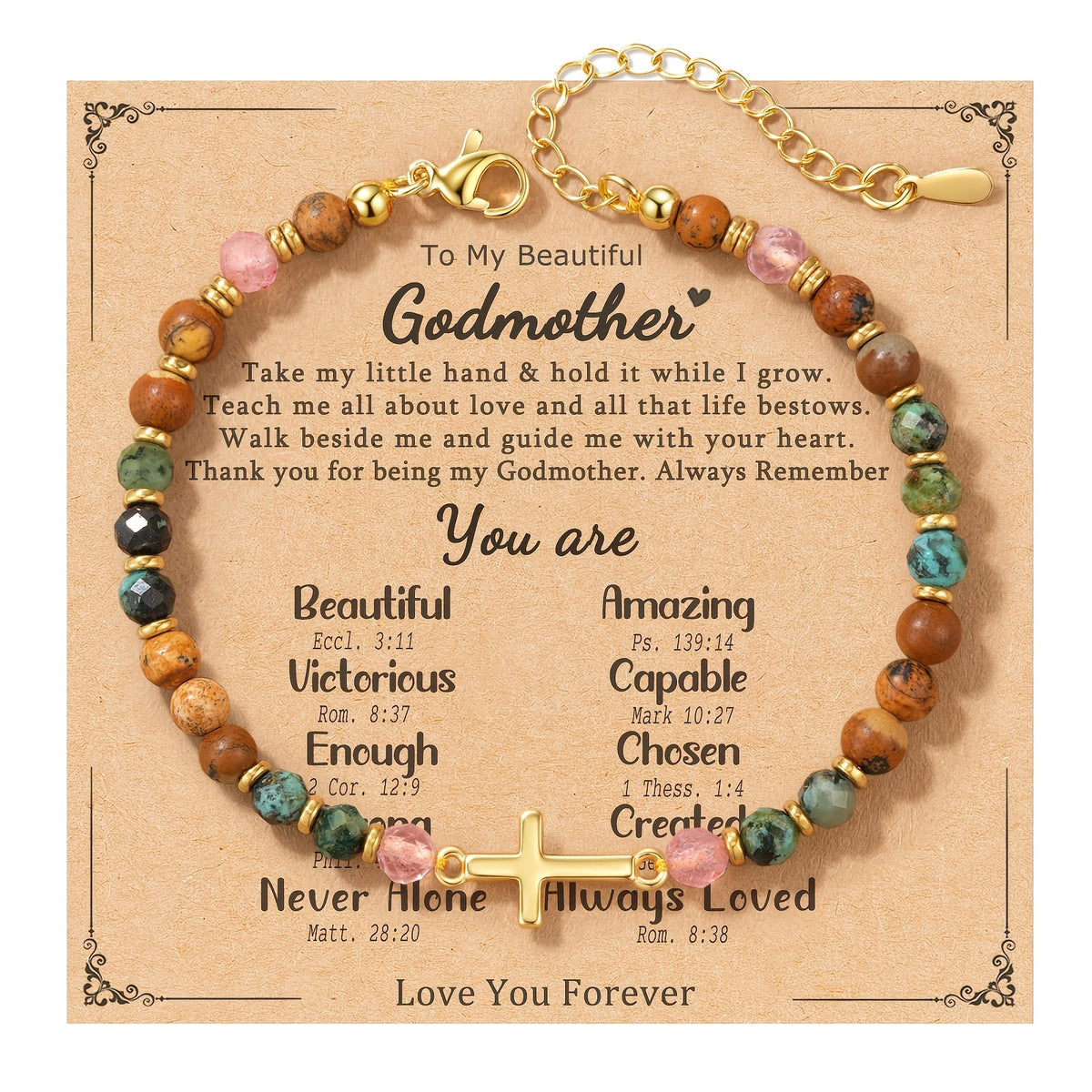 Cross Bracelet Christian Baptism Confirmation Gift Christian Sisters Friendship Bracelet Three Stones Protection Bracelet for Bonus Mom Daughter-In-Law Godmother Bestie Friend Family Birthday Easter Christmas Mother'S Day Holiday Gift with Card