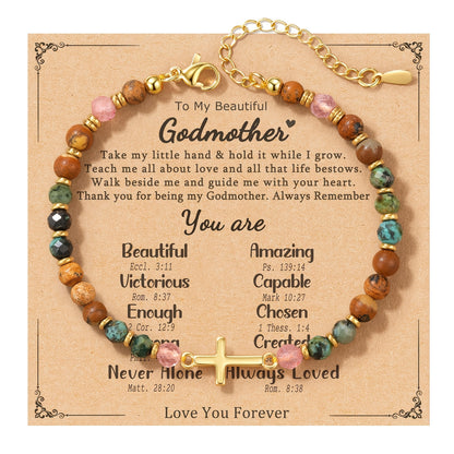 Cross Bracelet Christian Baptism Confirmation Gift Christian Sisters Friendship Bracelet Three Stones Protection Bracelet for Bonus Mom Daughter-In-Law Godmother Bestie Friend Family Birthday Easter Christmas Mother'S Day Holiday Gift with Card