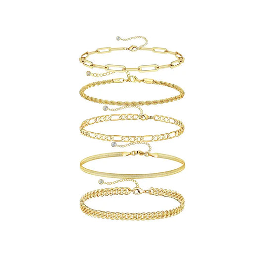 Tewiky 14K Gold Plated Copper Bracelets for Women Waterproof, 14K Gold Jewelry Sets for Women Trendy Thin Dainty Stackable Cuban Link Paperclip Chain Bracelet Pack Fashion Accessories Gifts for Womens For Mother's Day gifts