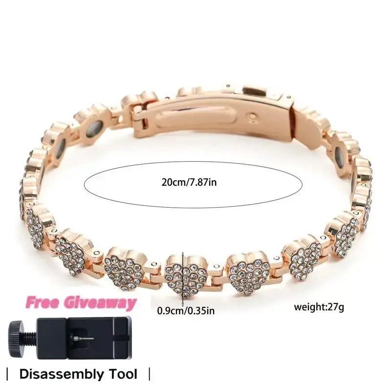 Women's Rose Gold-Tone Heart Link Bracelet with Crystal Accents, Secure Clasp, Elegant Everyday Jewelry Gift for Women