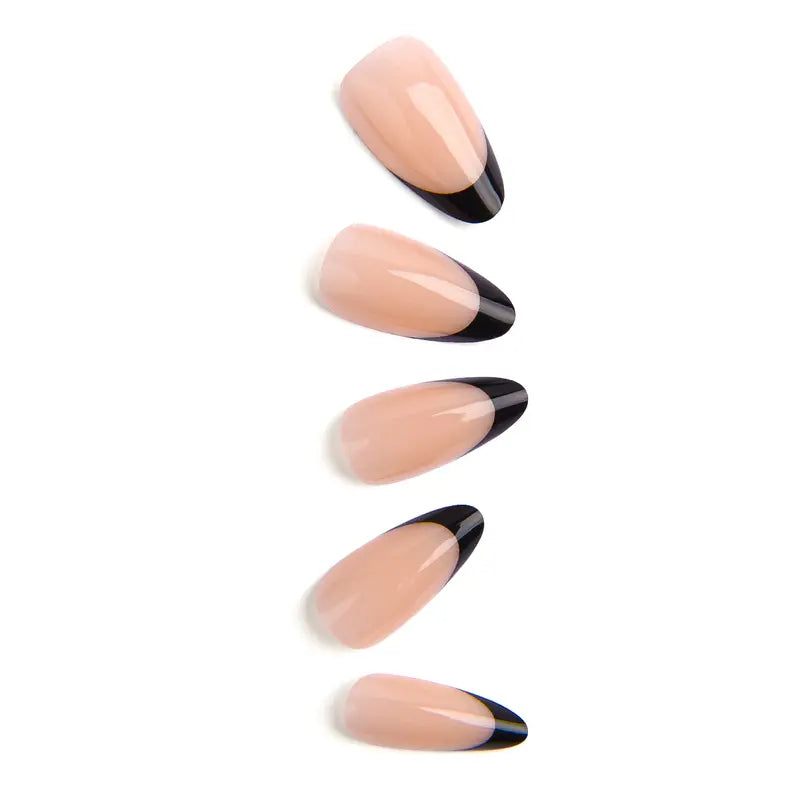 30PCS Black and Nude French Tip Press-On Nails, Polished Almond Shape Set Including Glue Tabs & Nail File, Press-On Wear Ready for Daily Wear, Wedding
