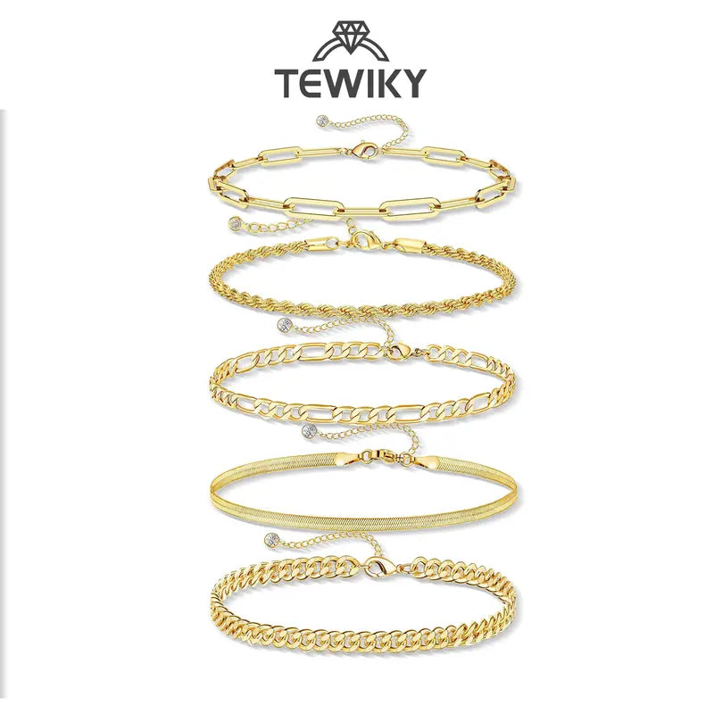 TEWIKY Women's 5-Piece Thin Dainty Metallic Gold Sparkly Bracelet Stack Set - Paperclip, Cuban Link, Greenish Bead Chains, 6.5in Adjustable Jewelry for Everyday/Casual Wear | Accessories Bundle Bracelets & Bangles, Gifts for Women