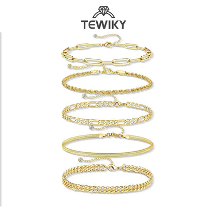 TEWIKY Women's 5-Piece Thin Dainty Metallic Gold Sparkly Bracelet Stack Set - Paperclip, Cuban Link, Greenish Bead Chains, 6.5in Adjustable Jewelry for Everyday/Casual Wear | Accessories Bundle Bracelets & Bangles, Gifts for Women