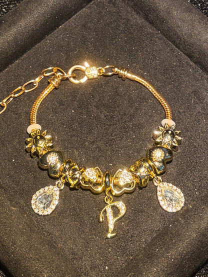 Women's Gold Tone Mixed Charm Beaded Bracelet A Z Initial Letters Available, Fashion Costume Jewelry Gift