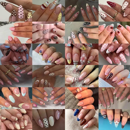 624pcs Almond Press-On Nails Set, French Style, Polka Dot, Striped, Ladybug Design, Acrylic, Summer Nail Art, 24 Mixed Styles, Fake Nails