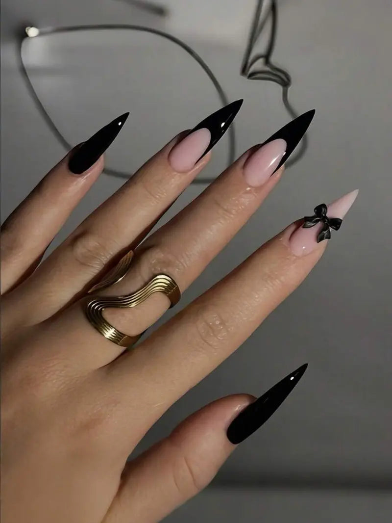 24pcs Long Pointed Press-On Nails, Long Slim Pointed Fake Nails Set, Black French Tip, Black Heart & Thin Line Nail Art, Minimalist Milky White, Suitable For Women's Daily Wear, Dating, Wedding And Party